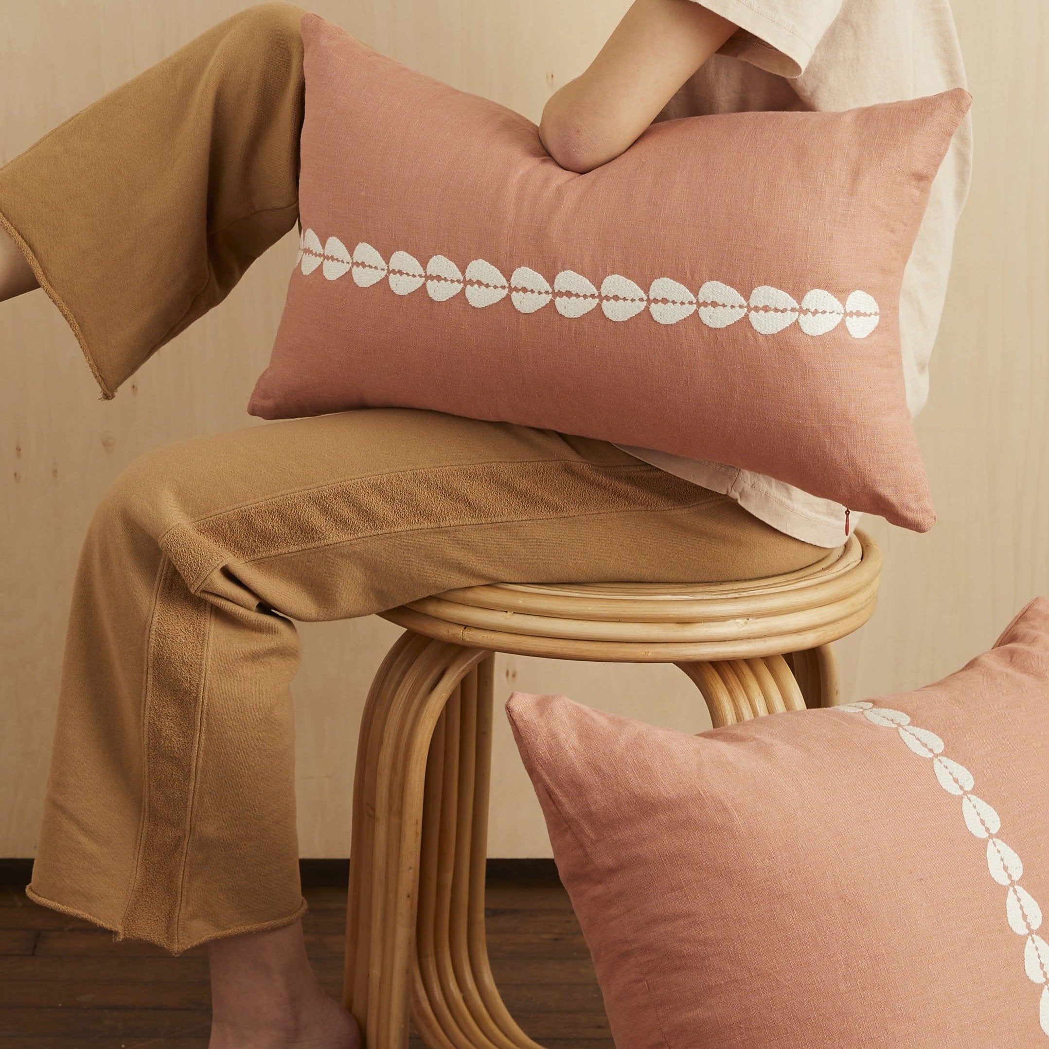 Cowrie embroidered lumbar pillow